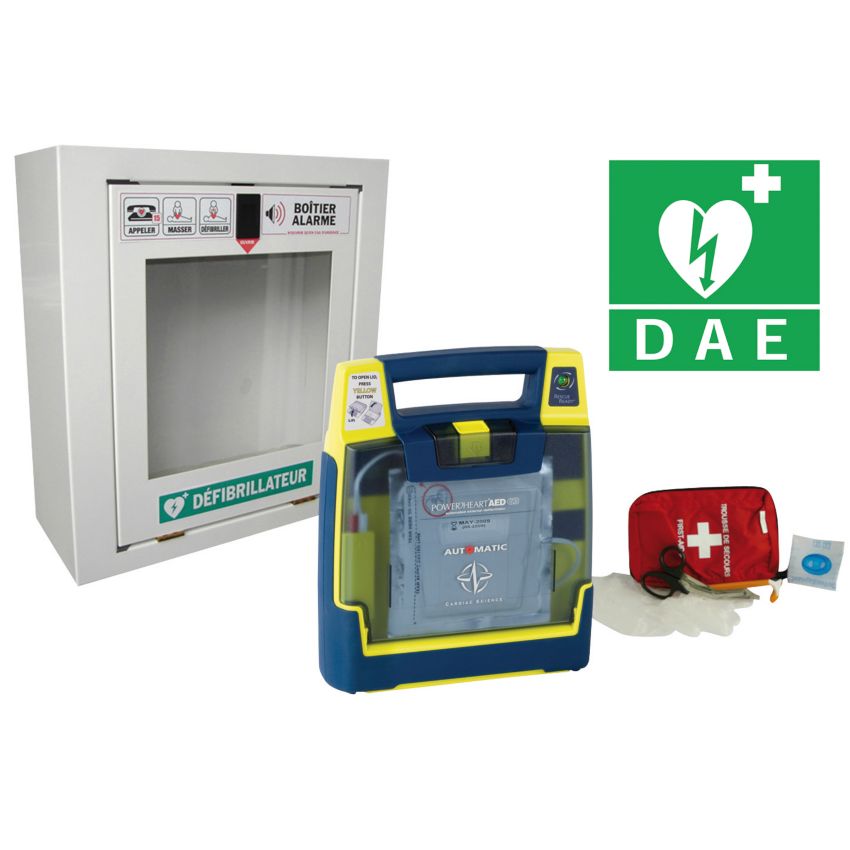 Kit défibrillateur automatique PowerHeart AED G3 Plus avec armoire murale et signalétique