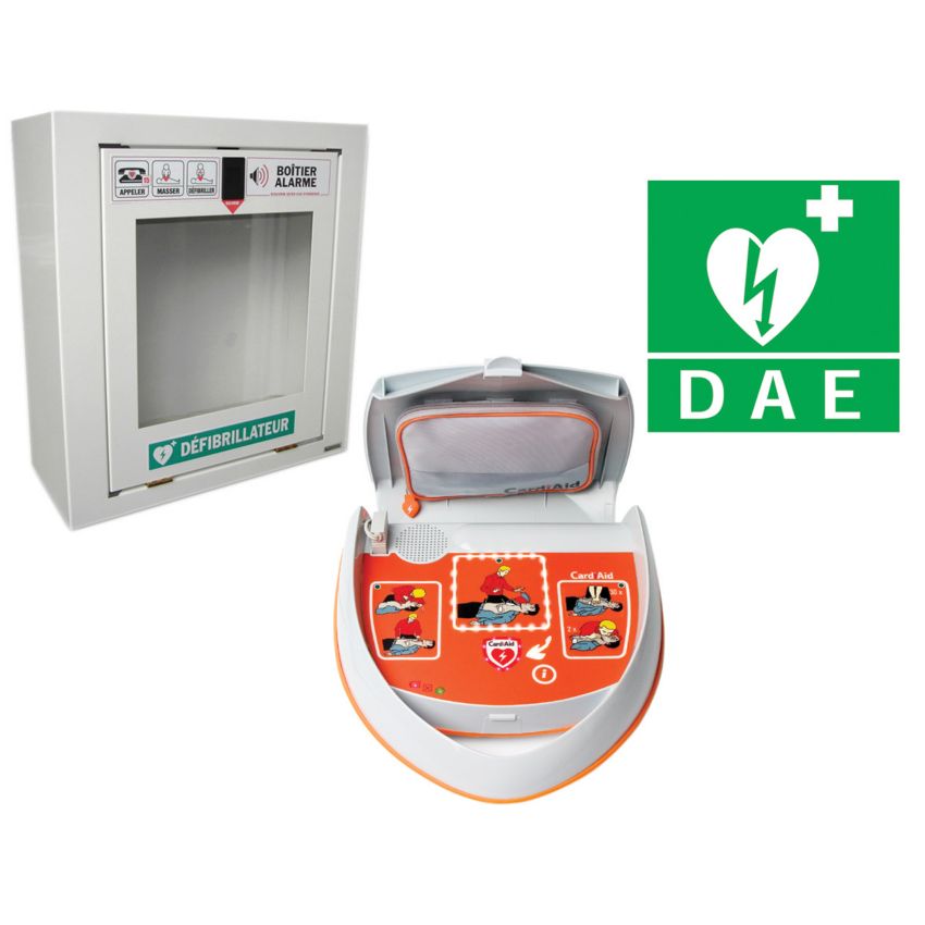 Kit défibrillateur semi-automatique CardiAid® avec armoire murale et signalétique