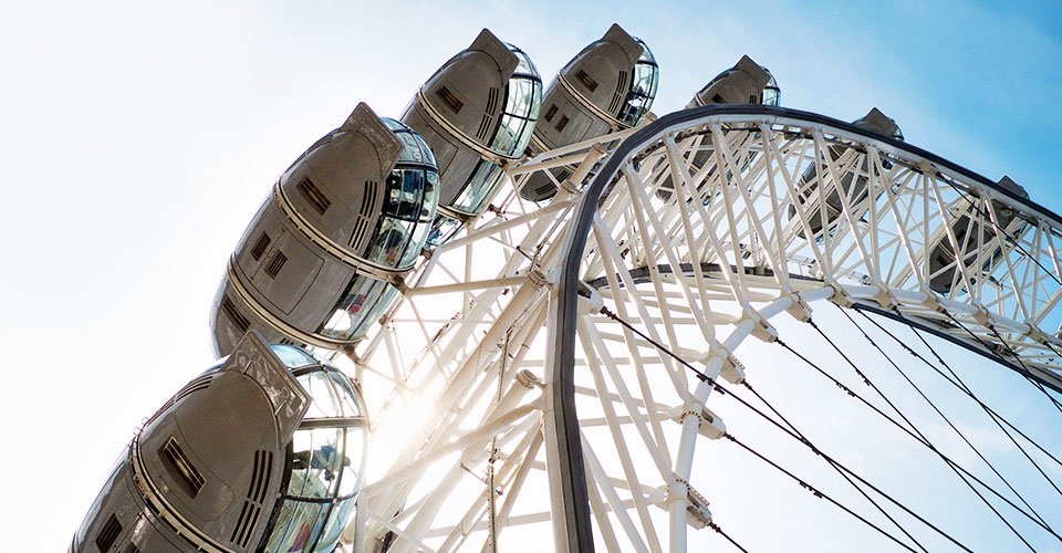 London Eye against blue sky, London, England