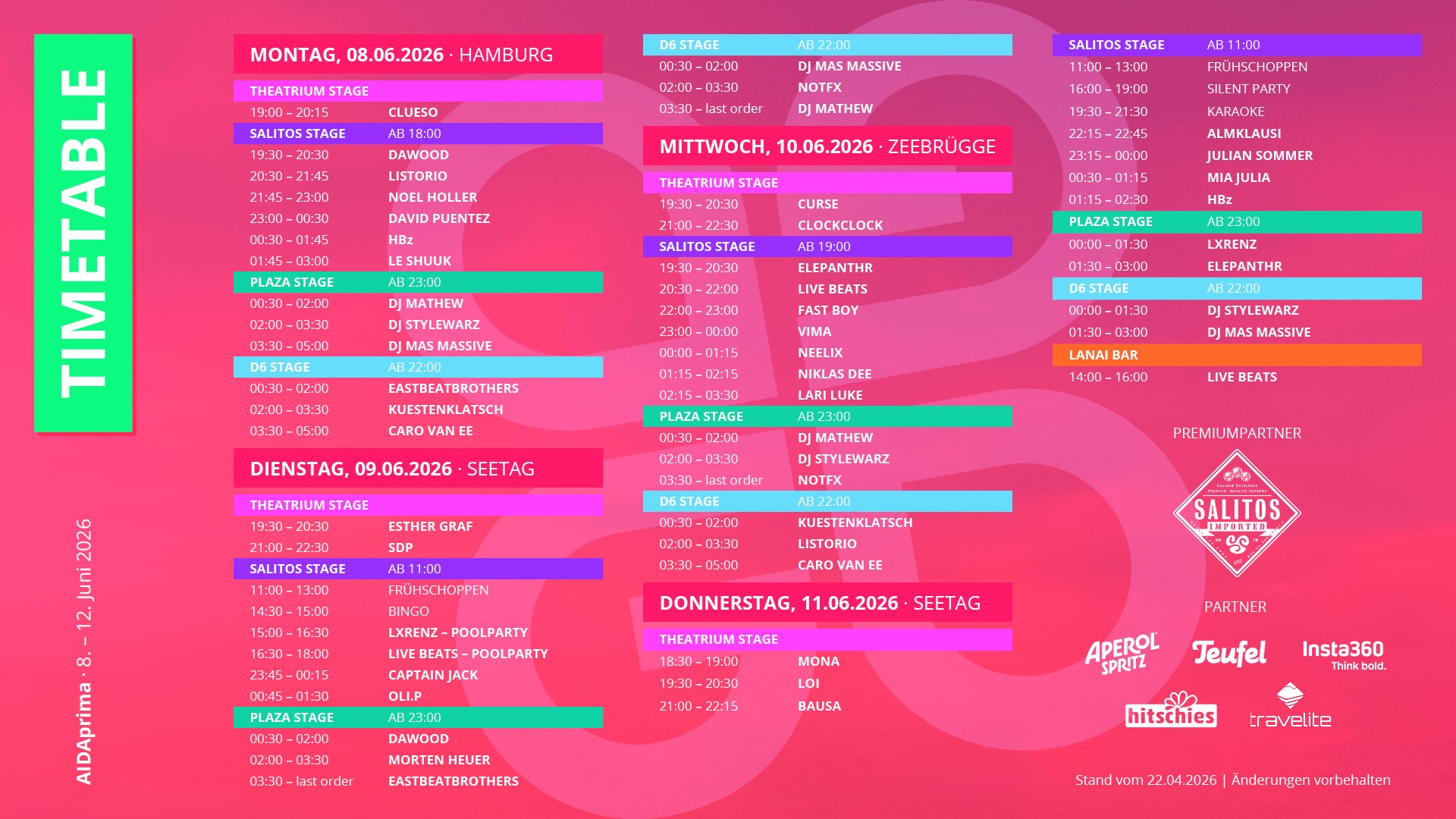 Time Table mit den Künstlern und Auftrittszeiten der FESTIVAL Cruise 2026
