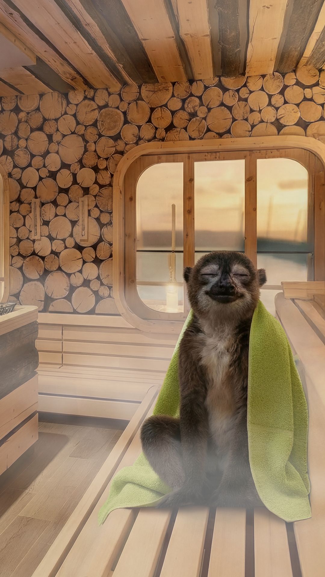 Matti der Maki in der Sauna mit Handtuch um den Rücken