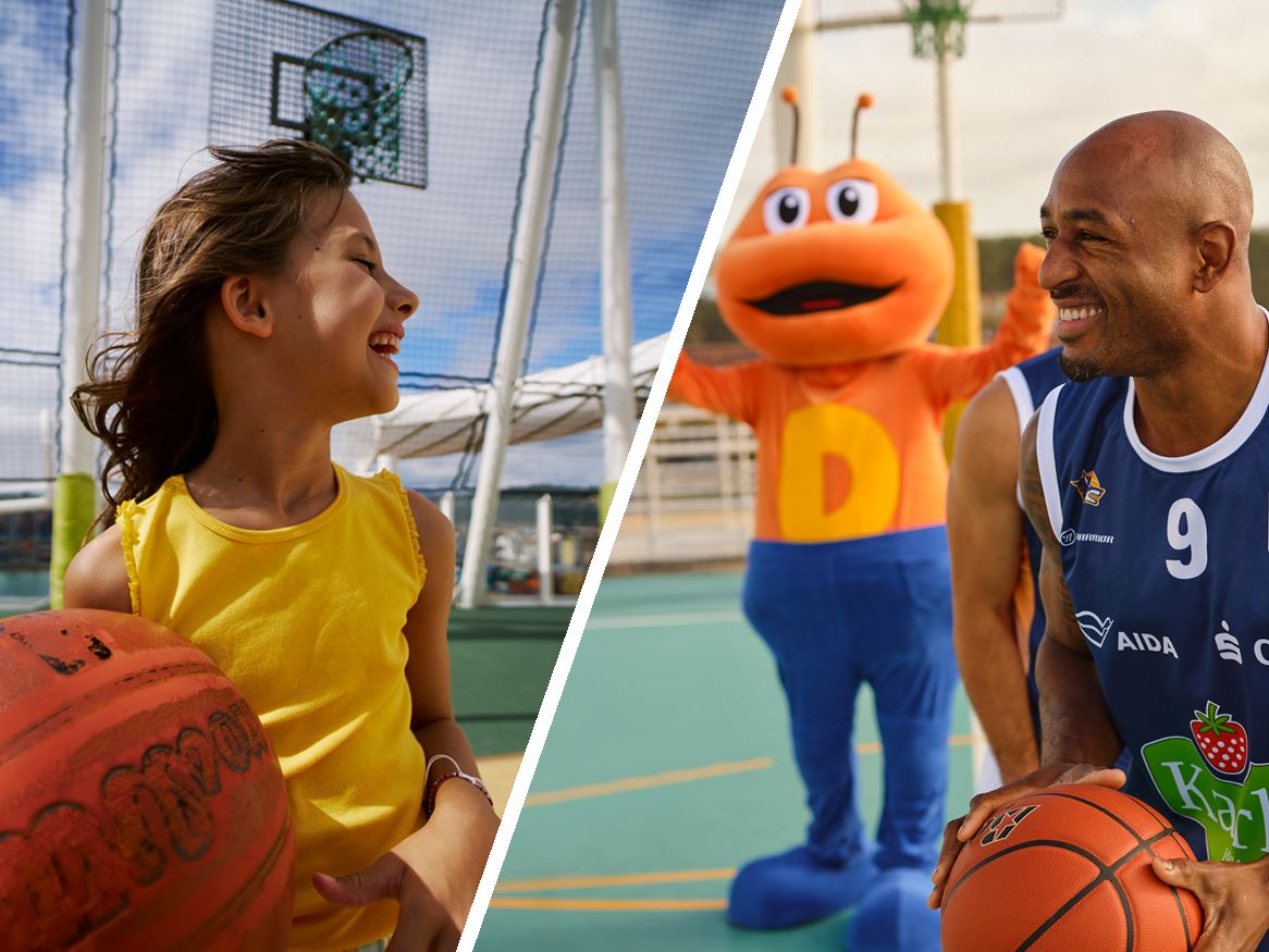Teilnehmer des Basketball Camps auf dem Basketballplatz an Bord