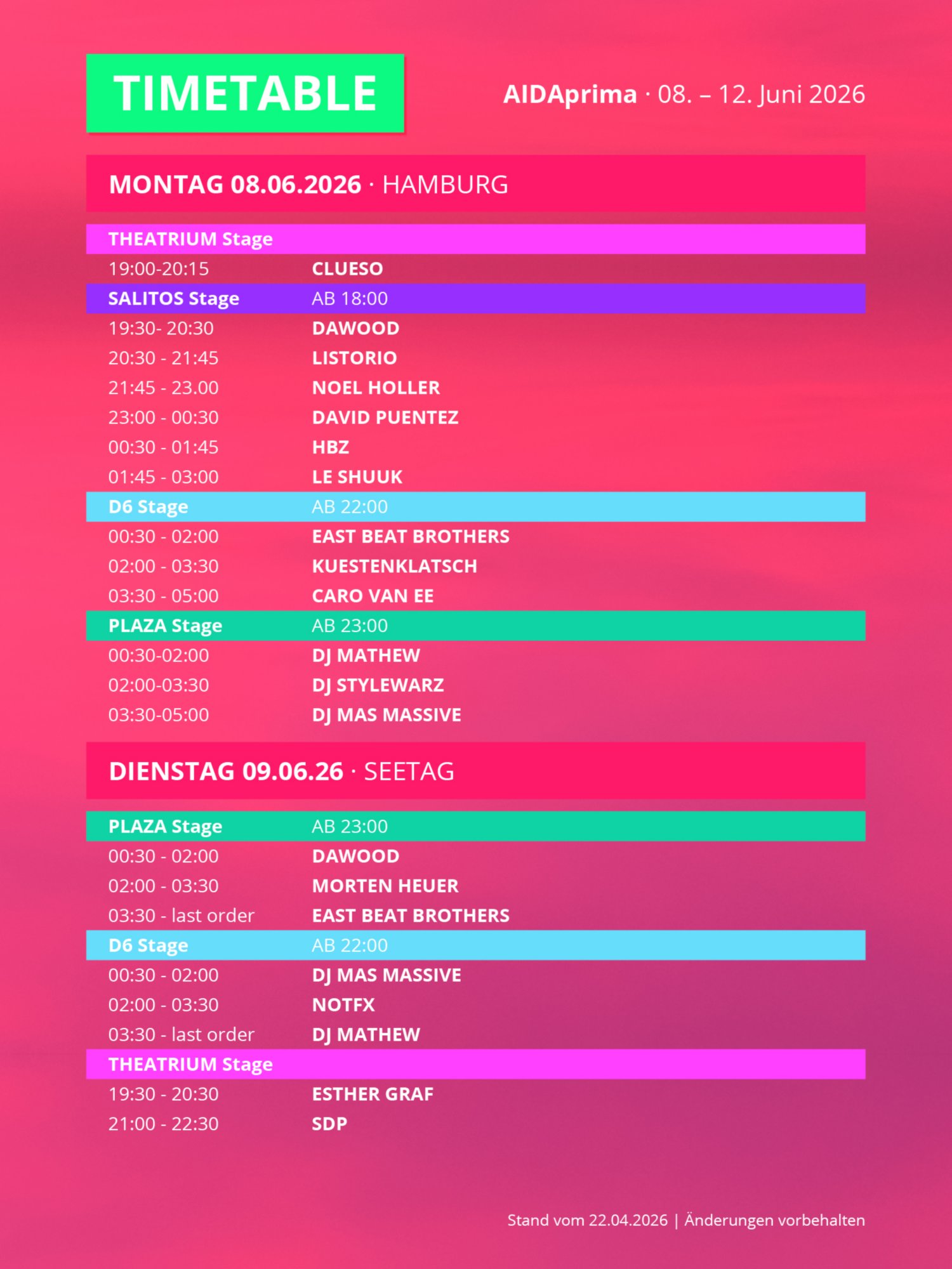Time Table mit den Künstlern und Auftrittszeiten der FESTIVAL Cruise 2026