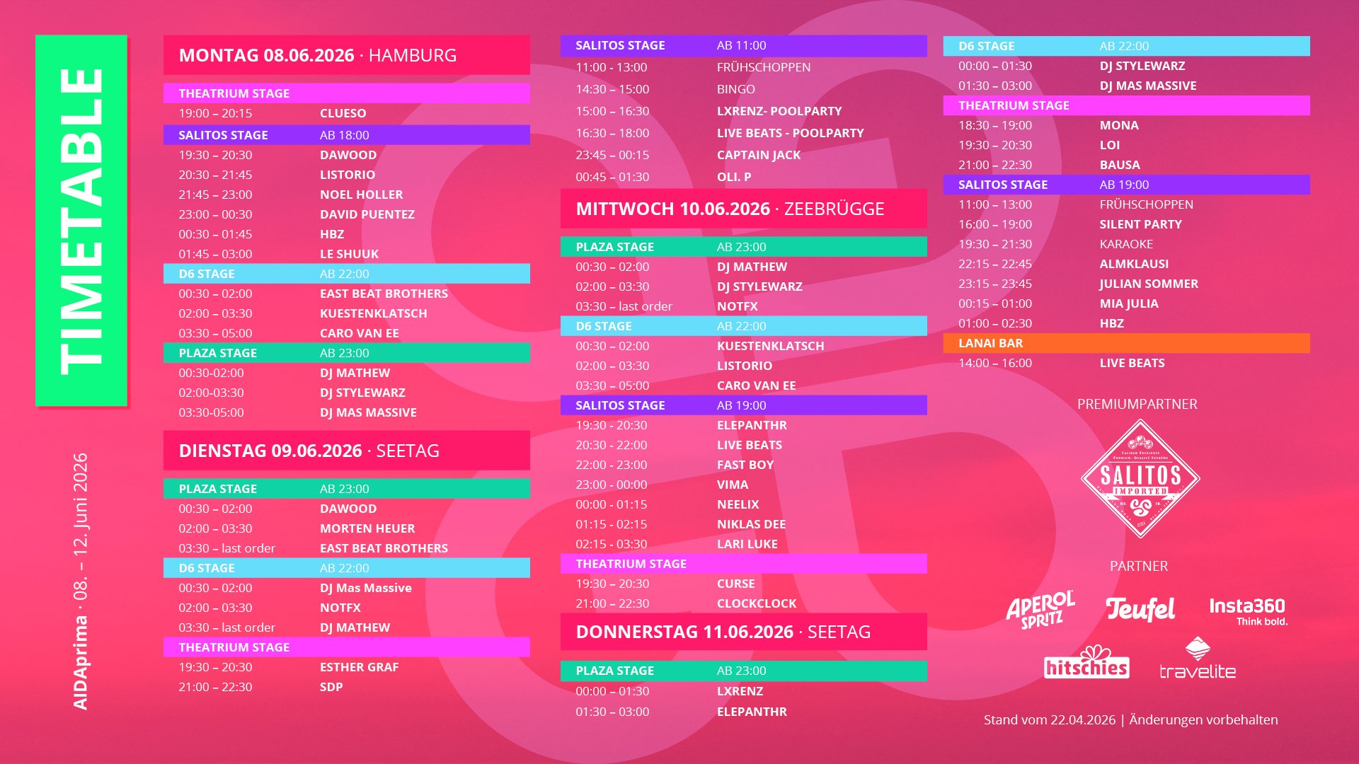 Time Table mit den Künstlern und Auftrittszeiten der FESTIVAL Cruise 2026