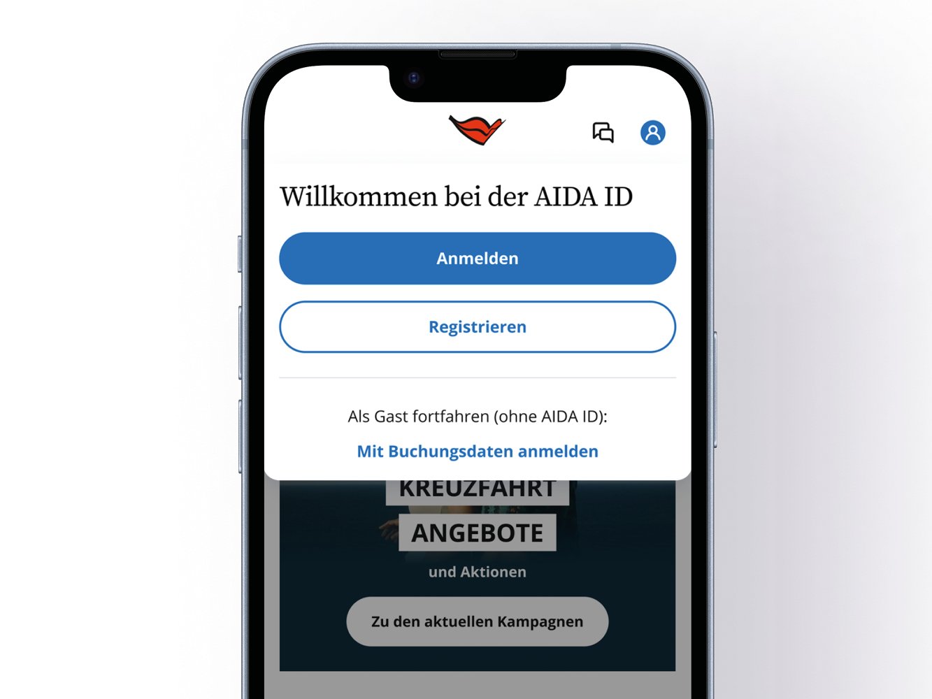 Der Bildschirm eines Smartphones mit geöffneter AIDA App und oben rechts blau hinterlegtem Anmelde-Icon