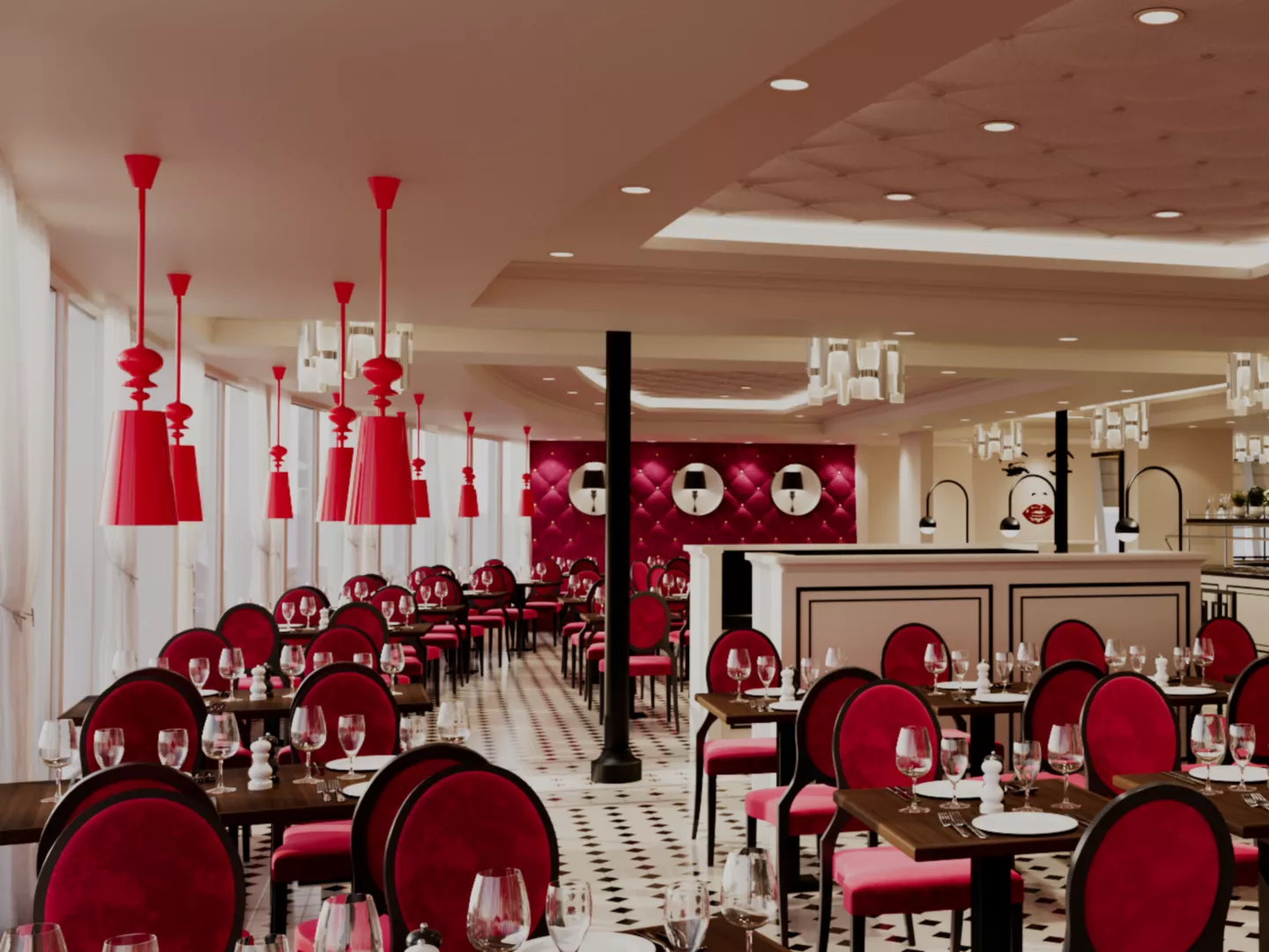 French Kiss Restaurant mit roten Stühlen, weißen Wänden und einer Bar im Hintergrund.