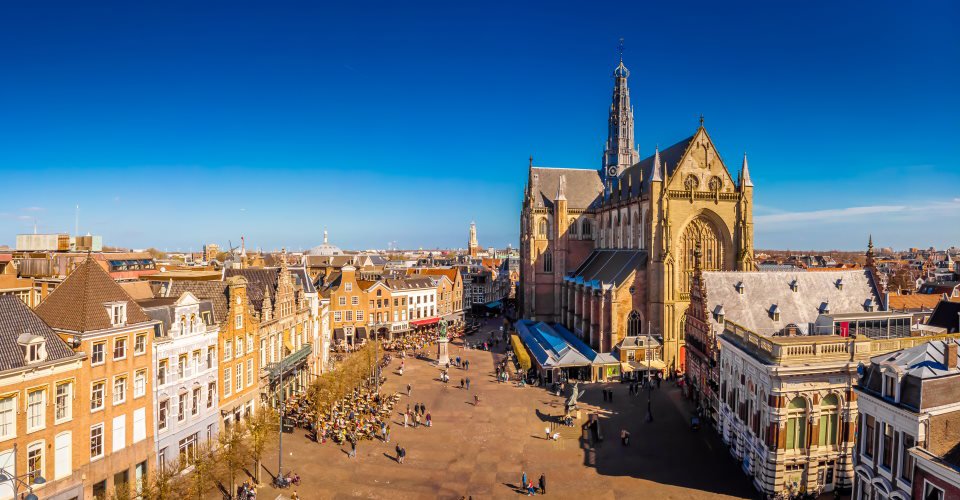 Aerial view of medieval cathedral in Haarlem, Netherlands