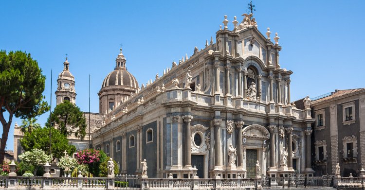 Piazza del Duomo with the Elephant Statue and the Cathedral of Santa Agatha in Catania in Sicily, Italy