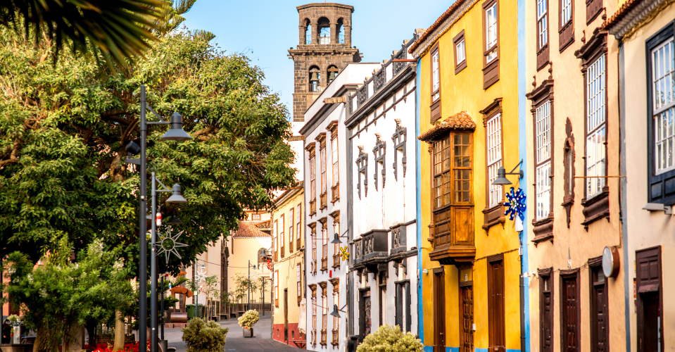 City street view with church tower in La Laguna town on Tenerife island
