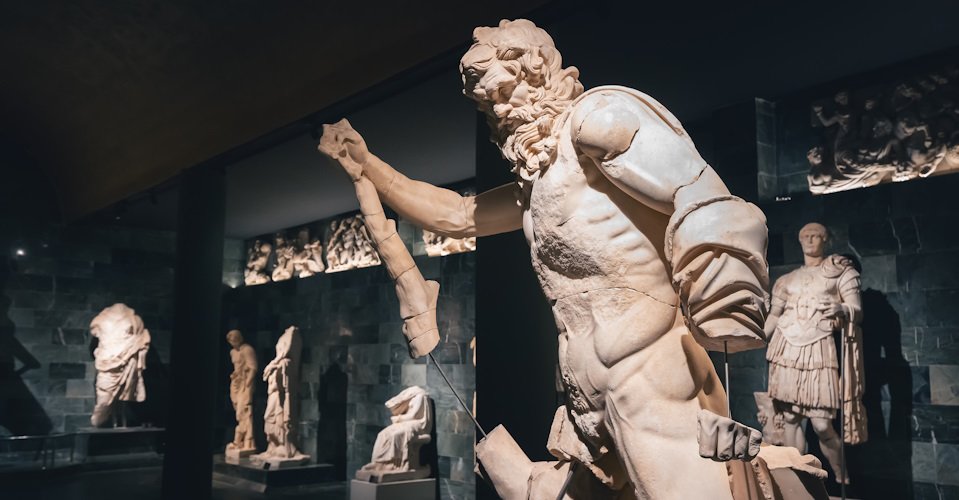 28 May 2022, Antalya, Turkey: Statue of a Mars - Olympis God of War. Naked Sculpture in halls of Antalya Archaeology museum