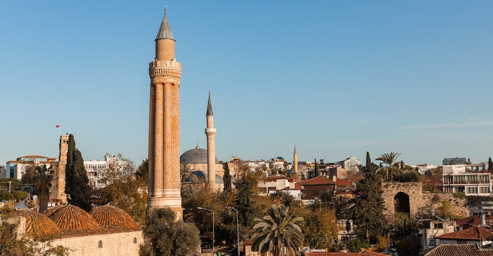 Yivliminare Mosque (Yivliminare Cami), Ulu Mosque in Antalya, historical mosque built by the Anatolian Seljuk Sultan Alaaddin Keykubad, The fluted minaret.