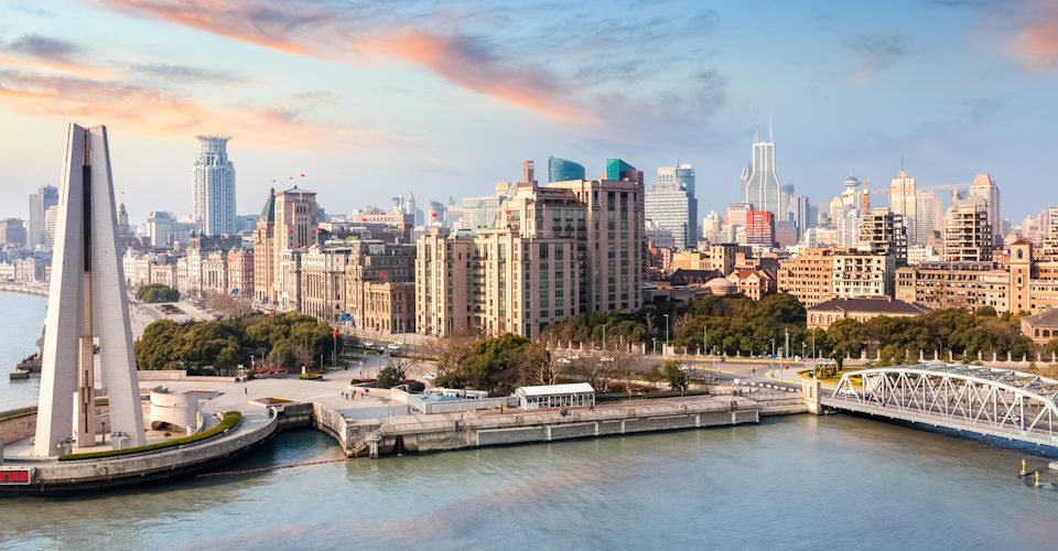 shanghai bund with morning glow , beautiful modern city, China
