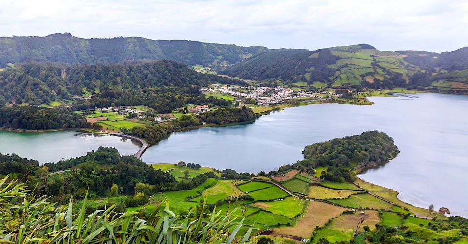 Picturesque view of the Lake of Sete Cidades ("Seven Cities Lake"), a volcanic crater lake on Sao Miguel island, Azores (AÃ§ores), Portugal. View from Miradouro do Cerrado das Freiras