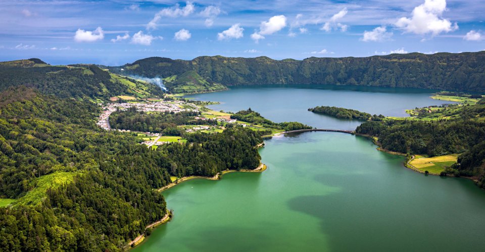 Beautiful view of Seven Cities Lake "Lagoa das Sete Cidades" from Vista do Rei viewpoint in SÃ Â£o Miguel Island, Azores, Portugal. Lagoon of the Seven Cities, Sao Miguel island, Azores, Portugal.