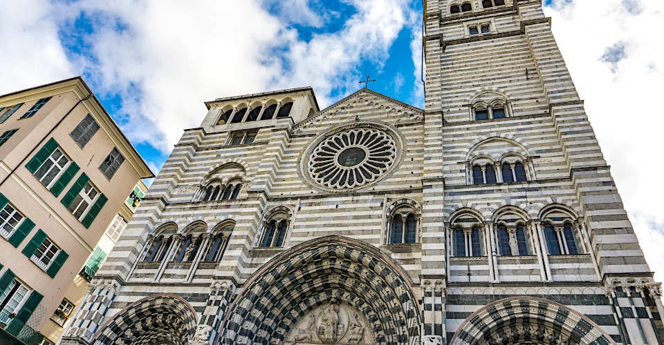 Genoa Cathedral in Italy. Genoa Cathedral is a Roman Catholic cathedral dedicated to Saint Lawrence and is the seat of the Archbishop of Genoa.