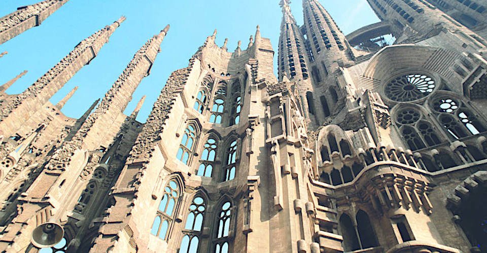 Detail of La Sagrada Familia, Barcelona, Spain, low angle view