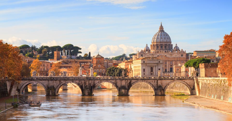 The Dome of Saint Peter as seen from the river Tiber, Rome, Italy