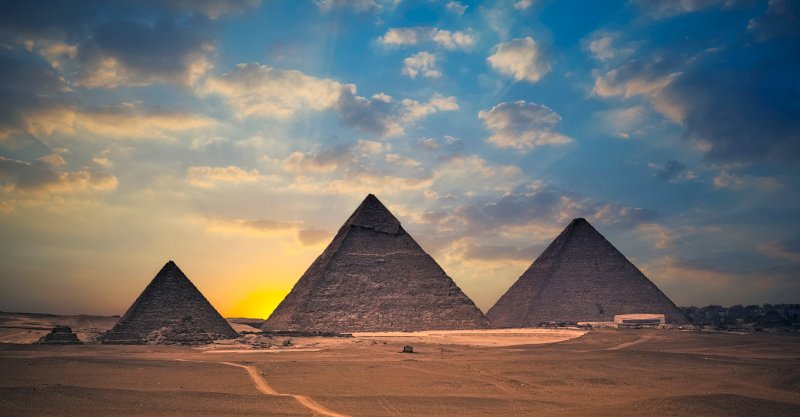 Pyramids of Giza at sunset, Cairo, Egypt