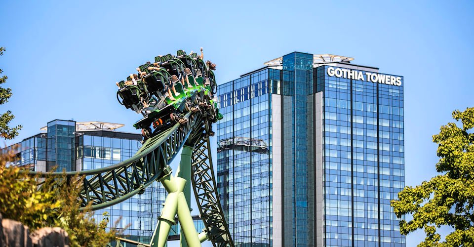 Helix at the amusement park Liseberg with Gothia Towers in the background.
