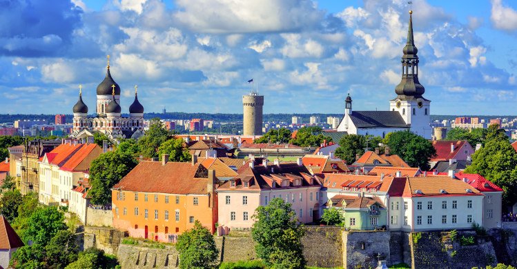 View of the medieval old town of Tallinn on Toompea Hill, with Alexander Nevsky Orthodox Cathedral and Dome Church, Estonia