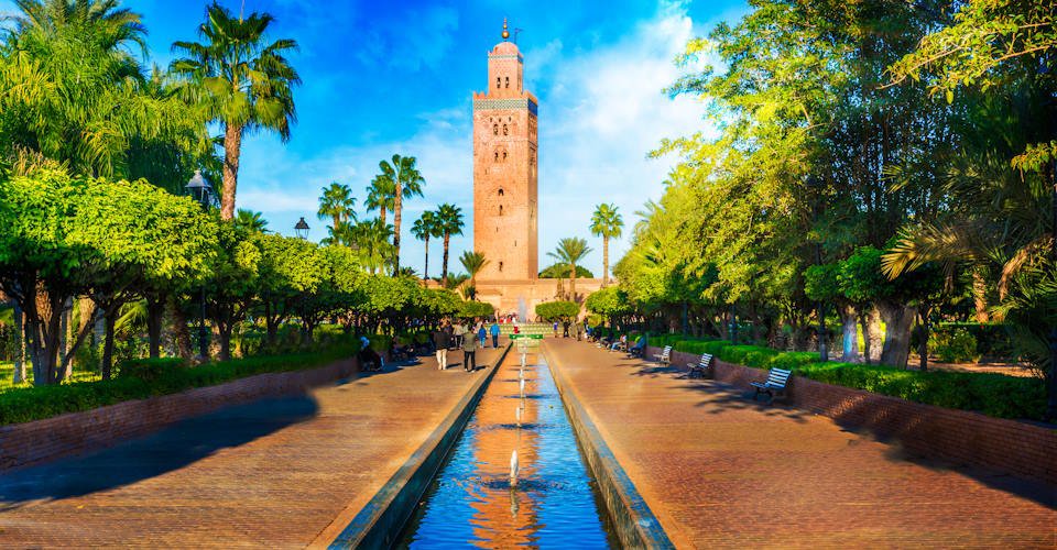 Koutoubia Mosque minaret at medina quarter of Marrakesh, Morocco