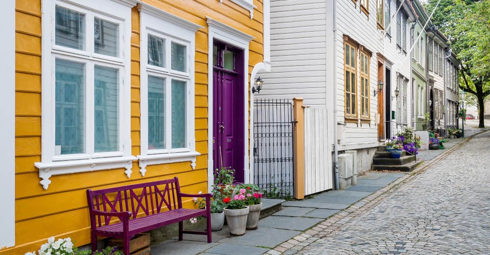 Wooden houses at old street of Bergen, popular touristic town in Norway.