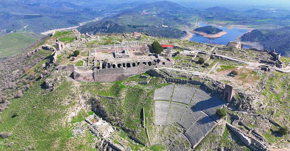Aerial drone shooting of ancient city of Pergamon acropolis. Izmir - Turkey