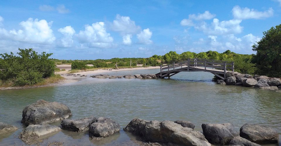 Wooden bridge in tropical waters. Caribbean landscape with blue sky and white clouds.