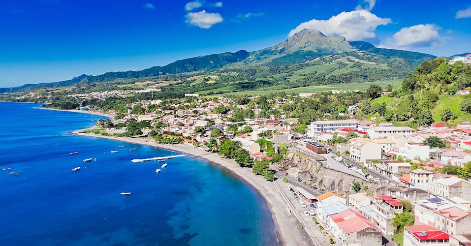 Aerial view on Saint Pierre Caribbean bay in Martinique beside Mount Pelée volcano