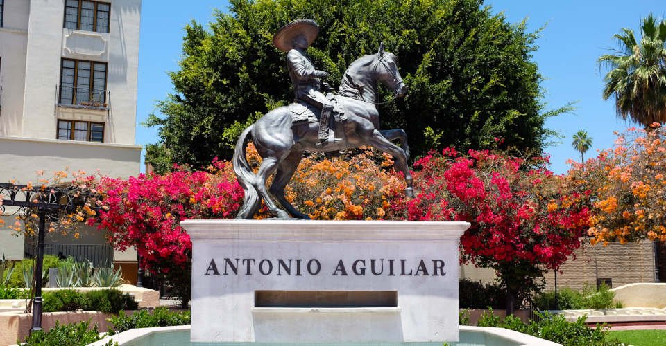 LOS ANGELES, CALIFORNIA - JUNE 12, 2018: The Antonio Aguilar Statue at El Pueblo de Los Angeles Historical Monument, Olvera Street.