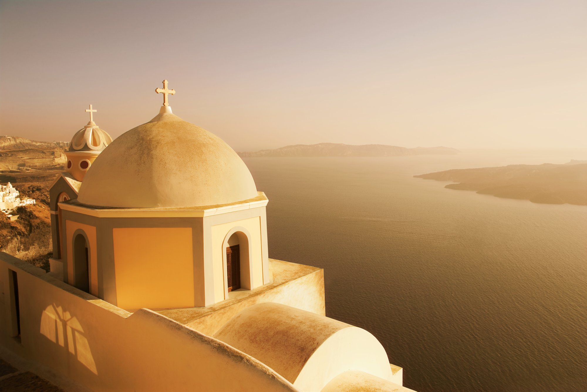 Greece, Santorini, Fira (Thera), church domes, sunrise