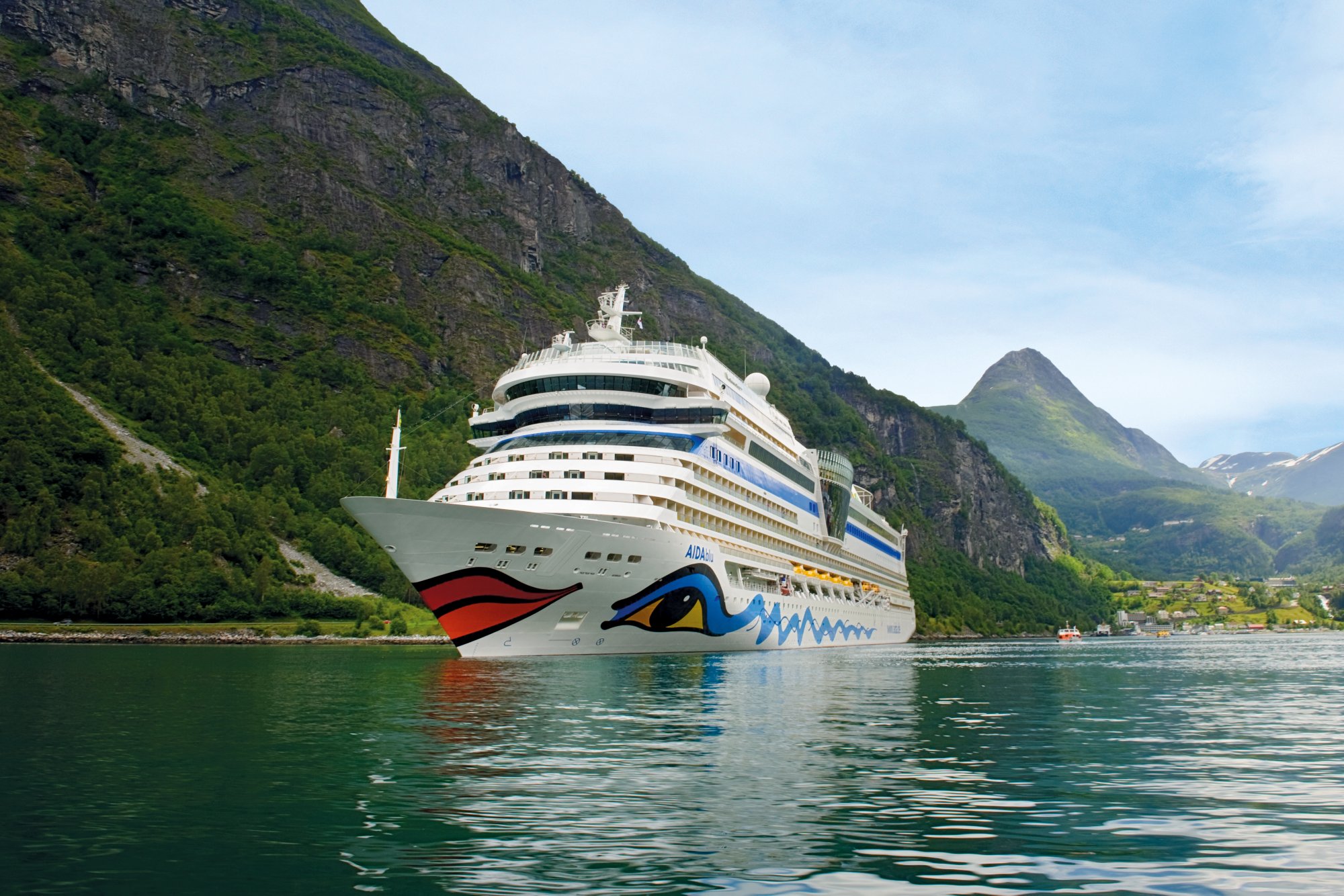 AIDA Schiff  fährt durch Fjordlandschaft