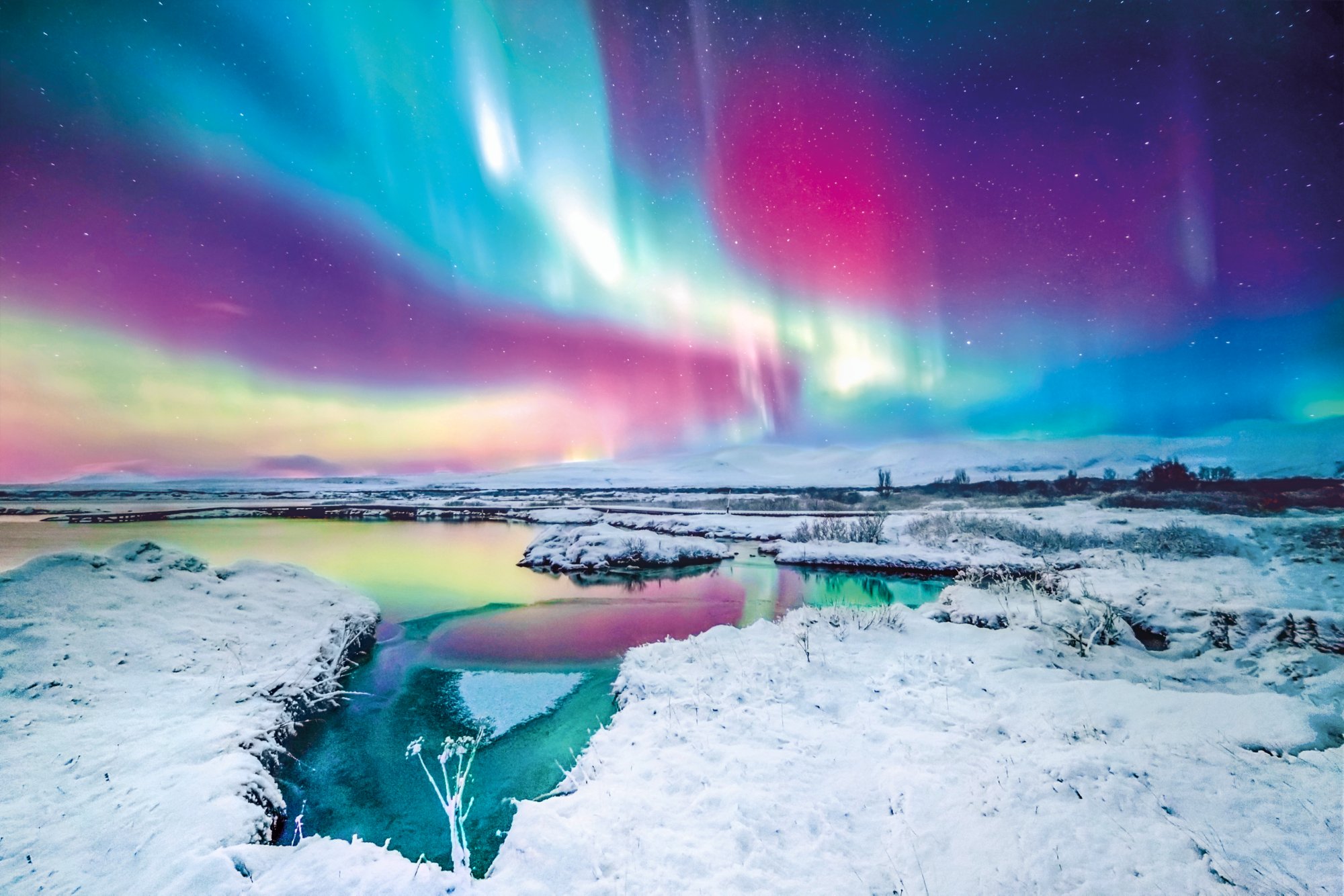 Thingvellir national park Iceland. Aurora borealis. Northern lights.