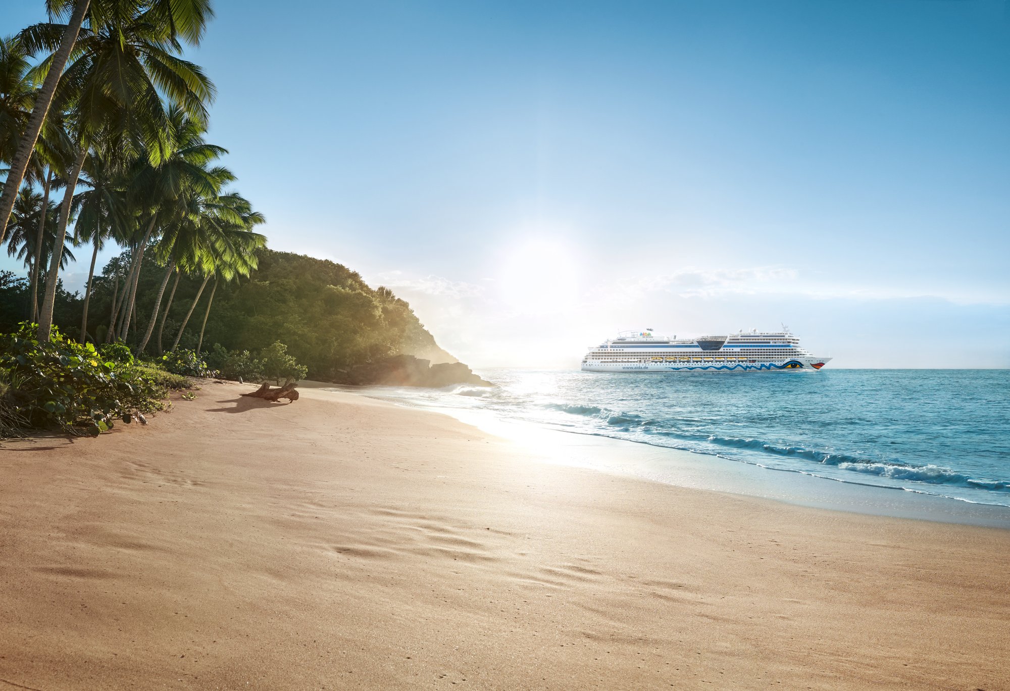 Aida Schiff im strahlenden Sonnenschein auf dem Meer, im Vordergund Strand und Palmen