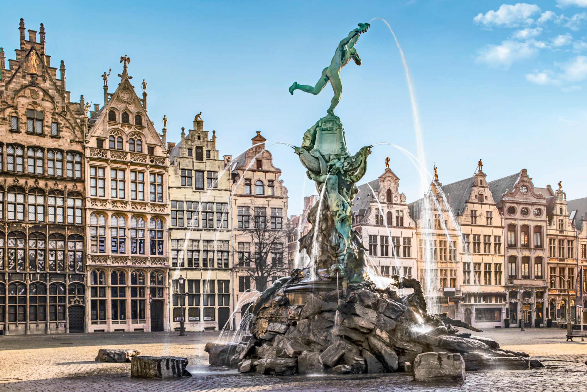 Brabo fountain in front of the town hall on the Great Market Square of Antwerp, Belgium