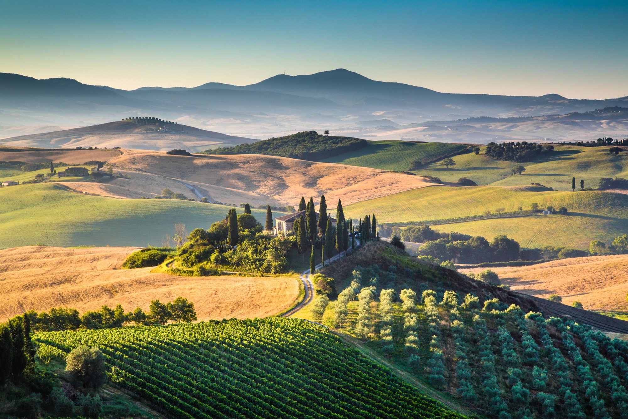 Scenic Tuscany landscape with rolling hills and valleys in golden morning light, Val d'Orcia, Italy