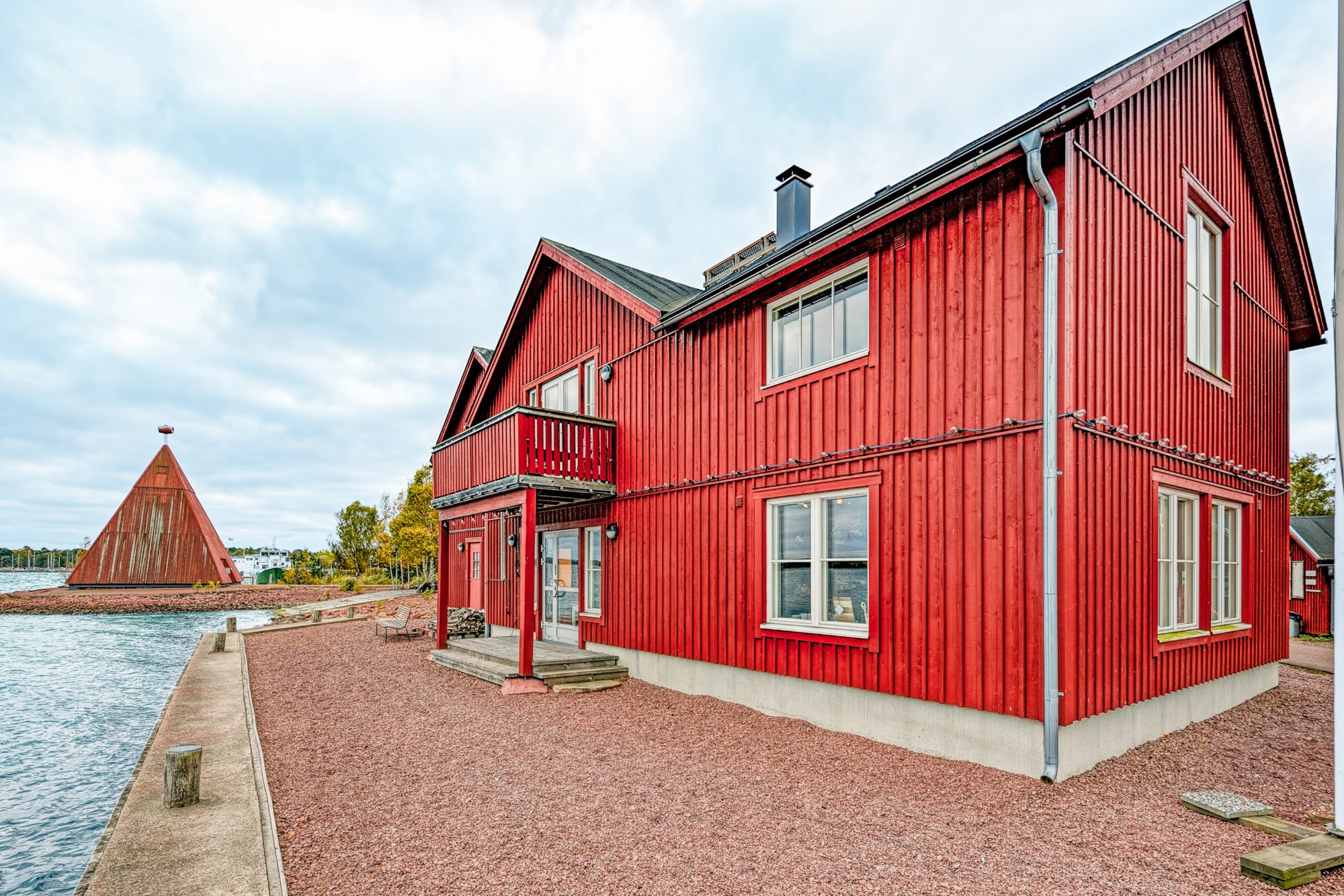 Embankment of restored Maritime Quarter Sjokvarteret of the Slemmern Eastern Harbour in Mariehamn on the Aland island archipelago, Finland