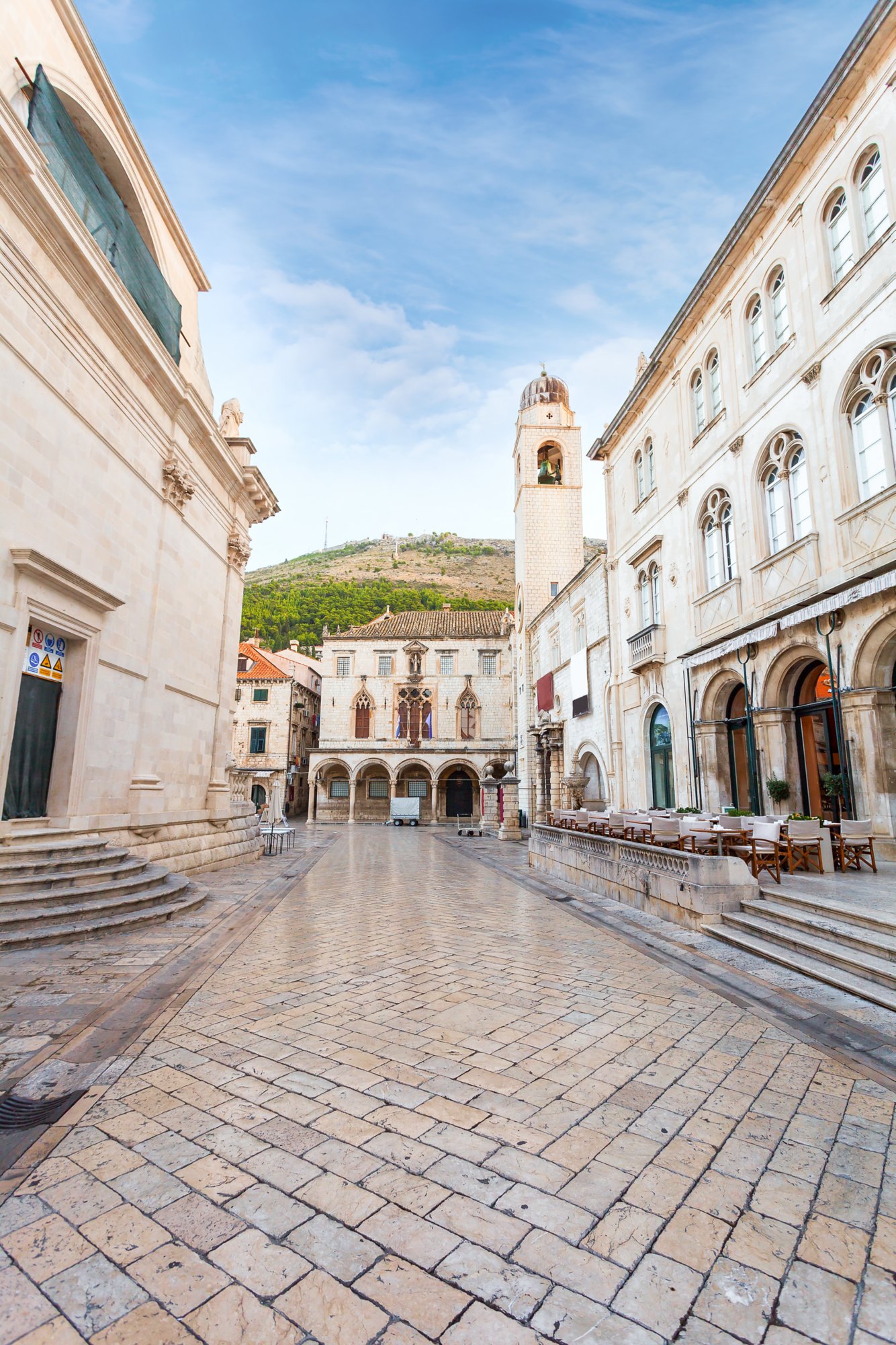 Stradun street at old part of the city early in the morning. Dubrovnic, Croatia. Fortification.