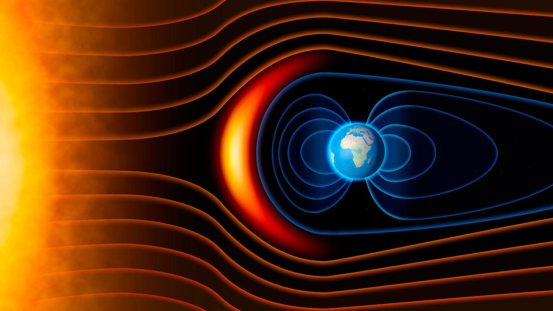Earth's magnetic field, the Earth, the solar wind, the flow of particles. Element of this image is furnished by NASA