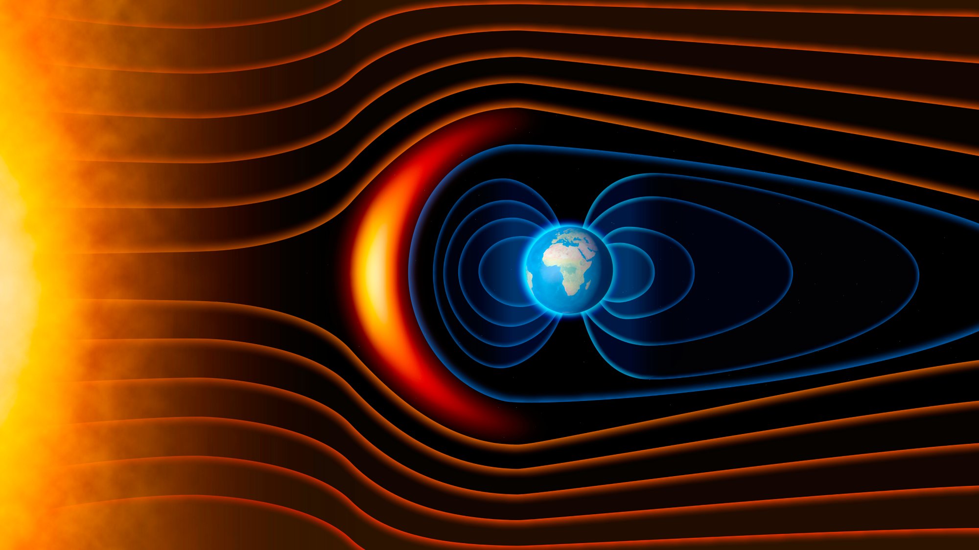 Earth's magnetic field, the Earth, the solar wind, the flow of particles. Element of this image is furnished by NASA