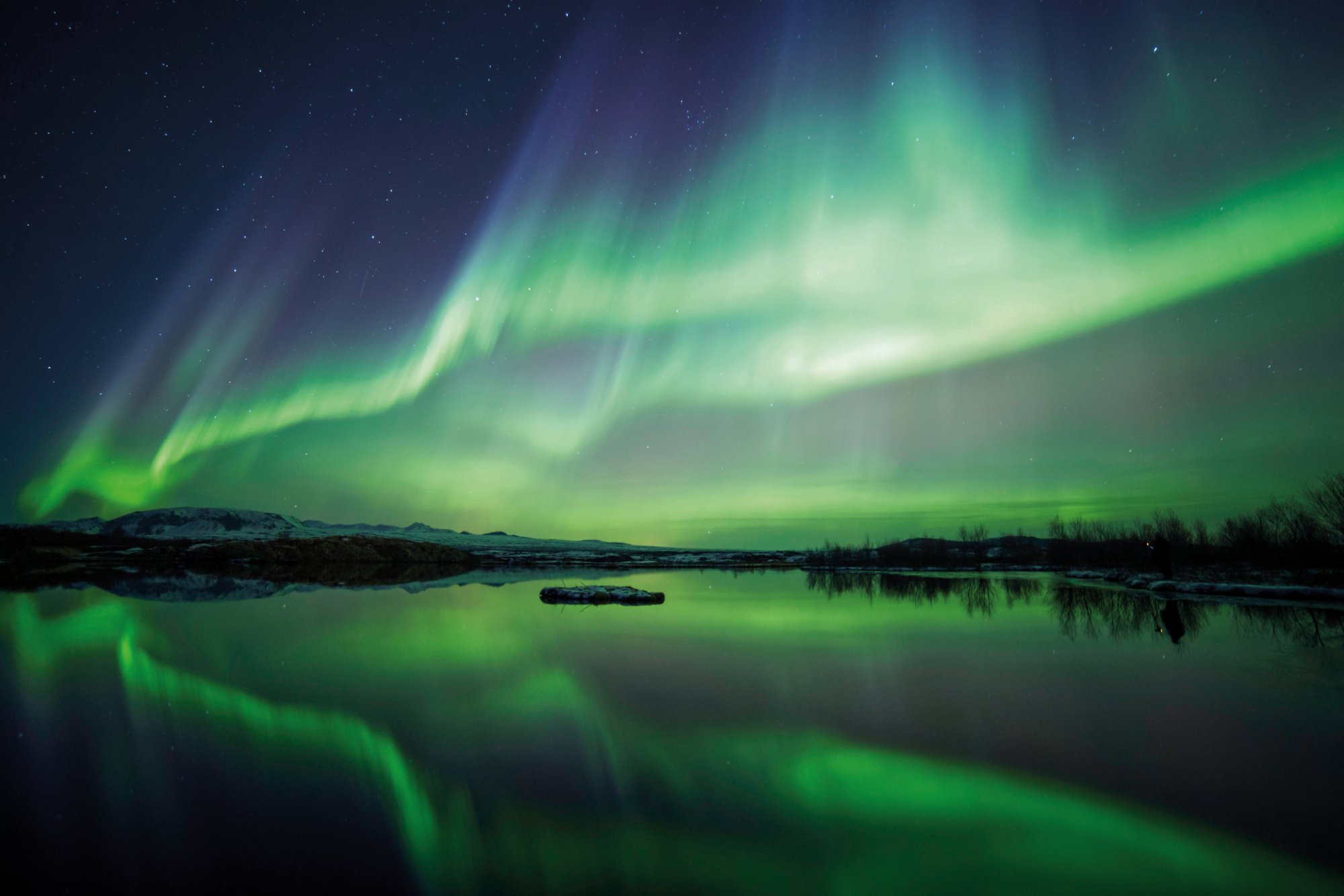 Northern lights blazing over lake Thingvellir national park in Iceland