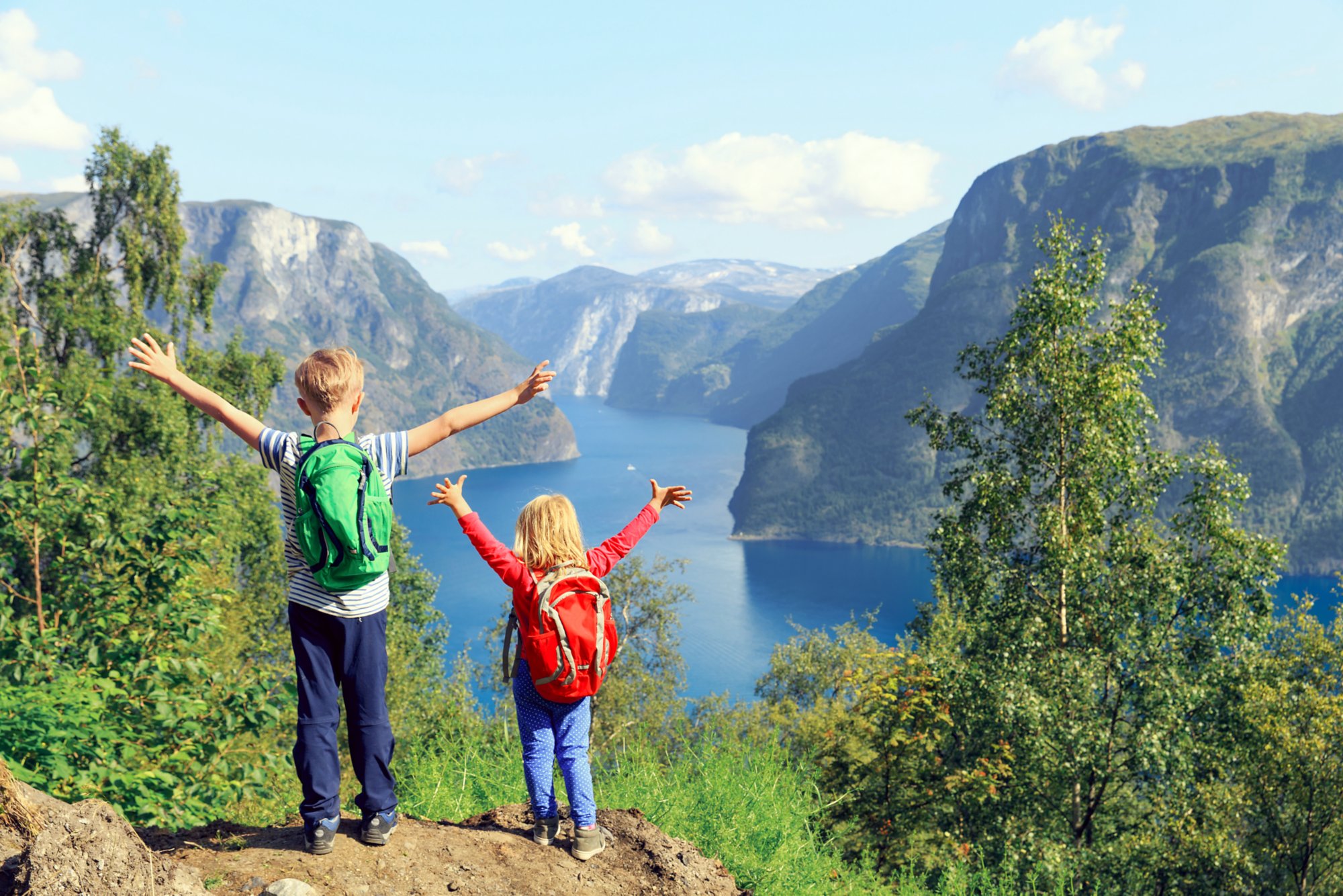 Zwei Kinder stehen auf  einer Anhöhe mit dem Blick auf einen Fjord