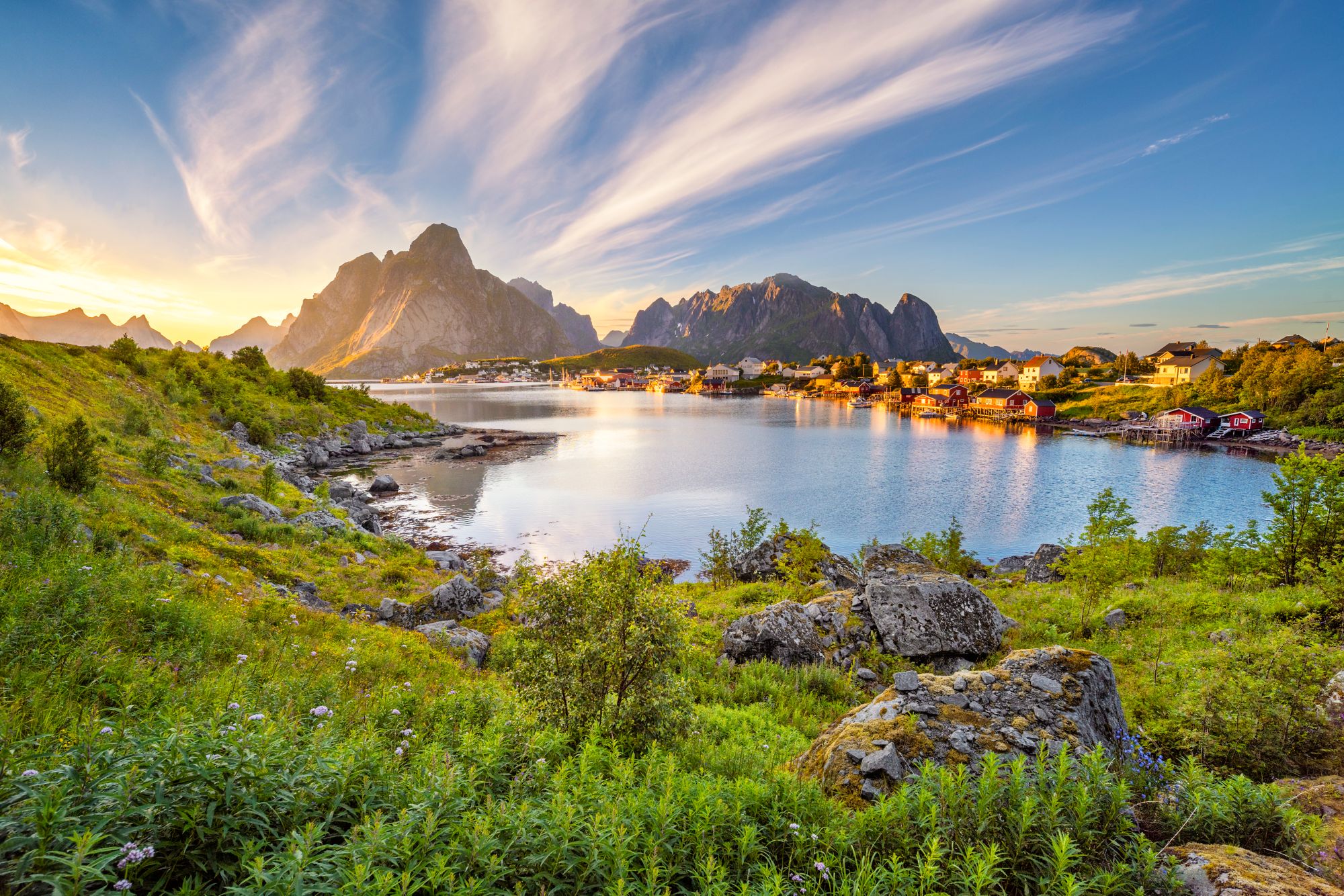 Reine and Hamnoy fishing village with the sunrise, Moskenes Island, Lofoten archipelago, Nordland, Norway.