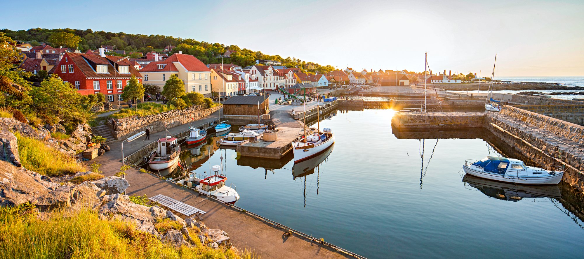 View of town and harbor at Bornholm, Denmark