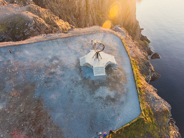MPTPJK View of Nordkapp, the North Cape, Norway, the northernmost point of mainland Norway and Europe, Finnmark County, aerial picture shot from drone