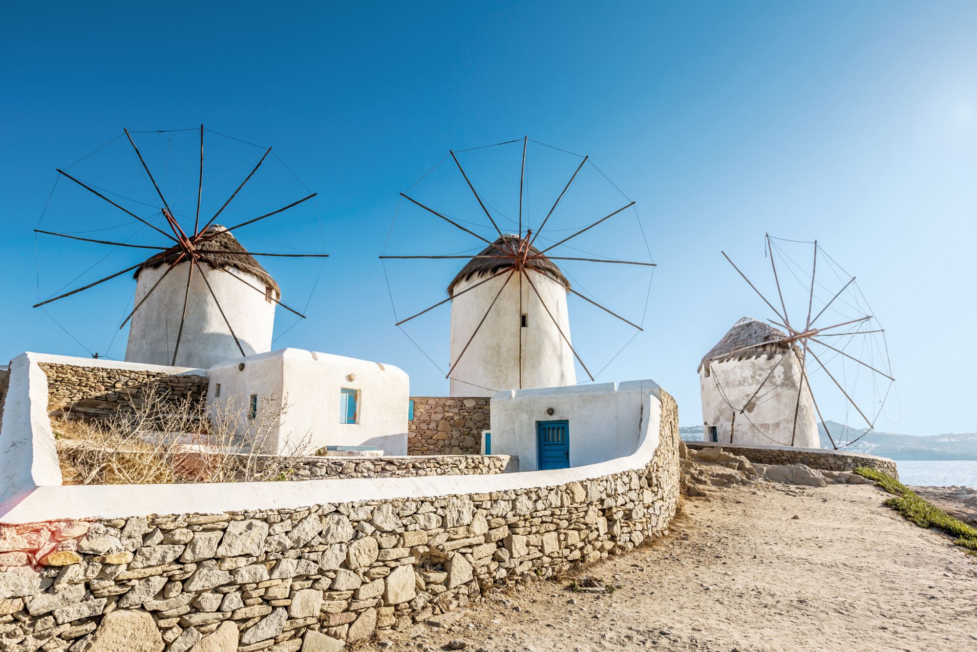 "Famous traditional old windmills on top of the hills on Mykonos Island, Cyclades, Greece."
