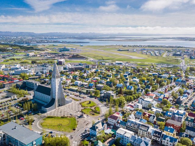Reykjavik Iceland city scape frop the top with Hallgrimskirkja church. Aerial photo. religious building
