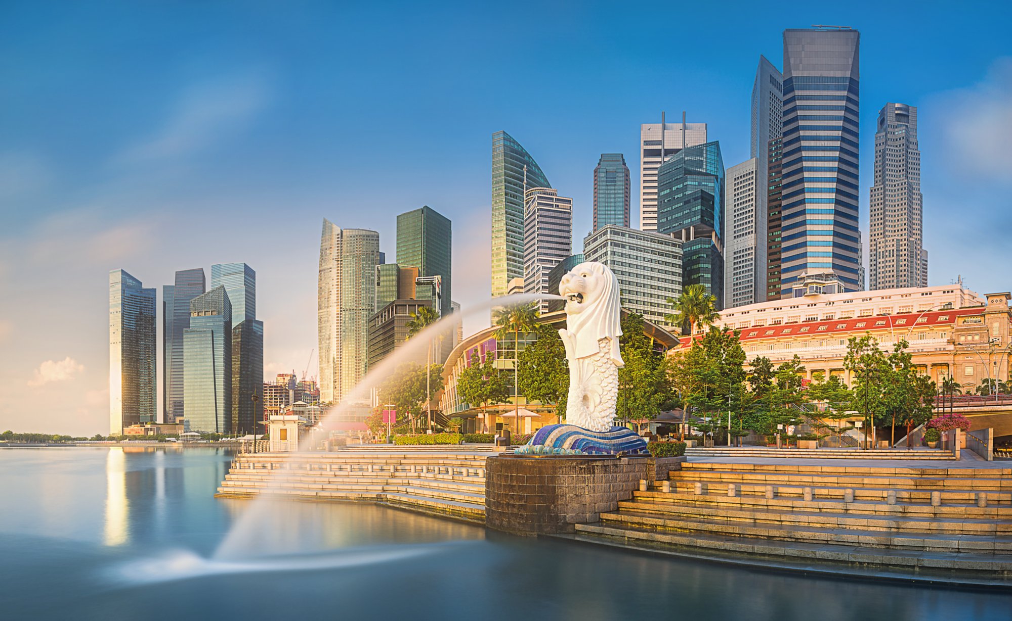 View of business district and Marina bay skyline at sunrise in Singapore