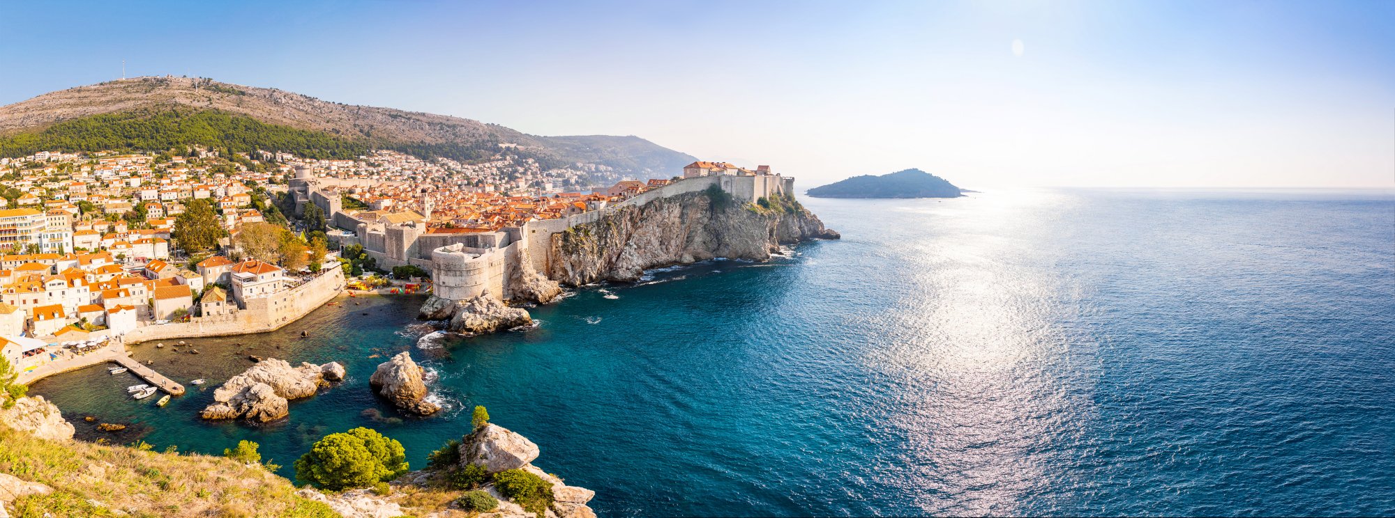 View from Fort Lovrijenac to Dubrovnik Old town in Croatia at sunset light, travel background