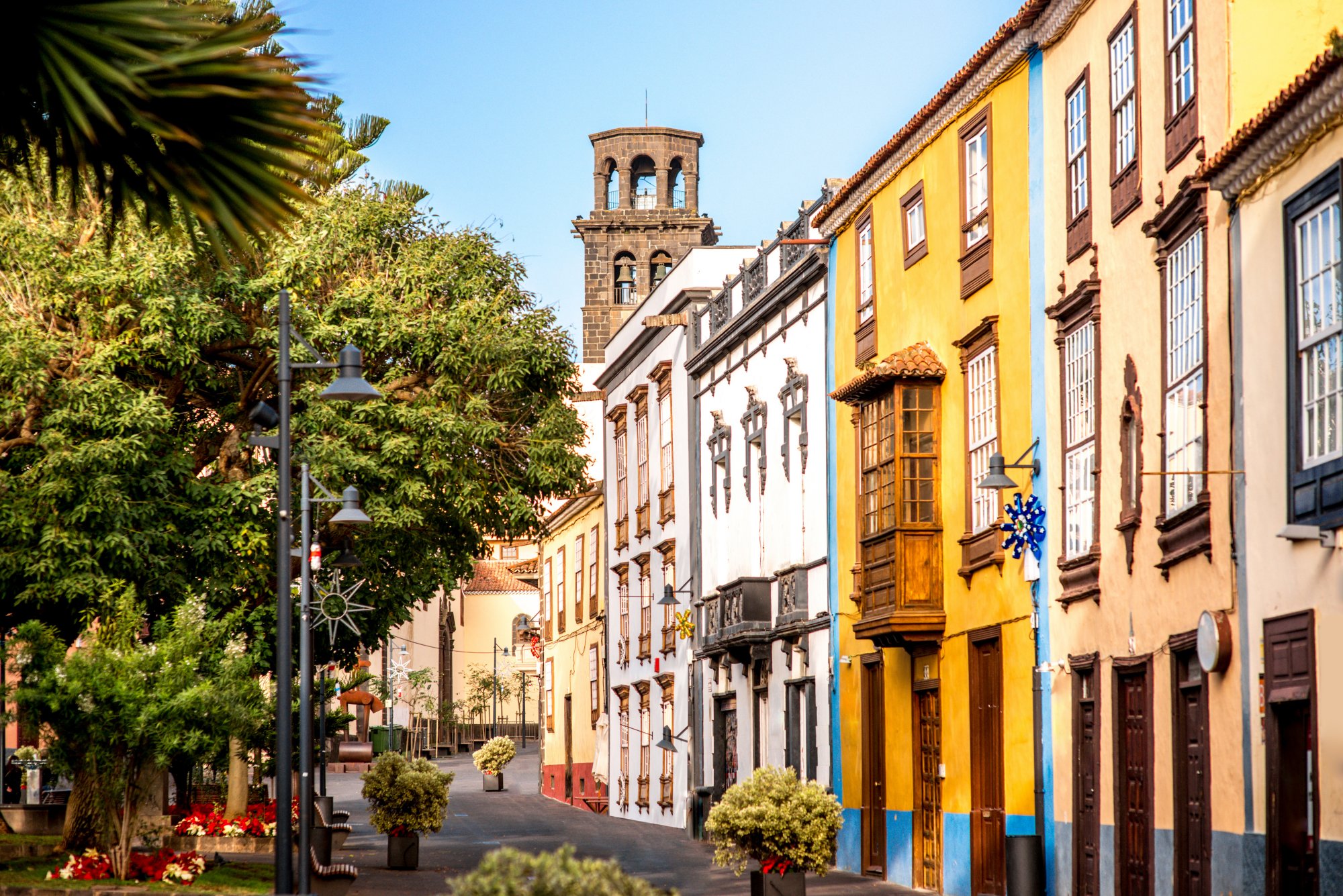 City street view with church tower in La Laguna town on Tenerife island